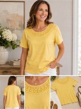Women’s Alfred Dunner Yellow Embellished Scoop Neck Top | Casual Blouse